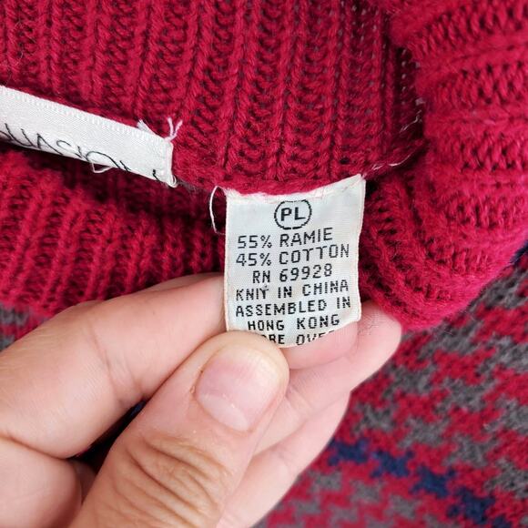 Vintage Maroon Red Granny Houndstooth Stripe Mock Turtleneck Tunic Sweater PL - Picture 6 of 10